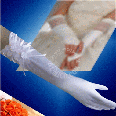 新娘緞布造型手套-長 (兩朵花花)