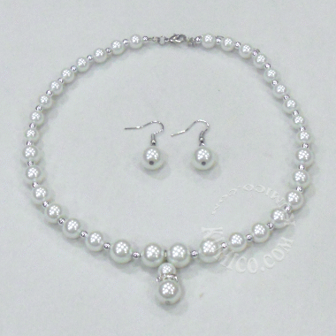 珠珠項鍊耳環組(針耳-白色)
