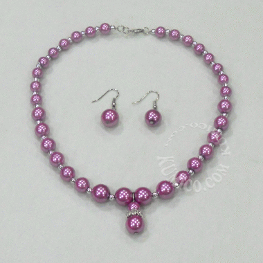 珠珠項鍊耳環組(針耳-紫色)